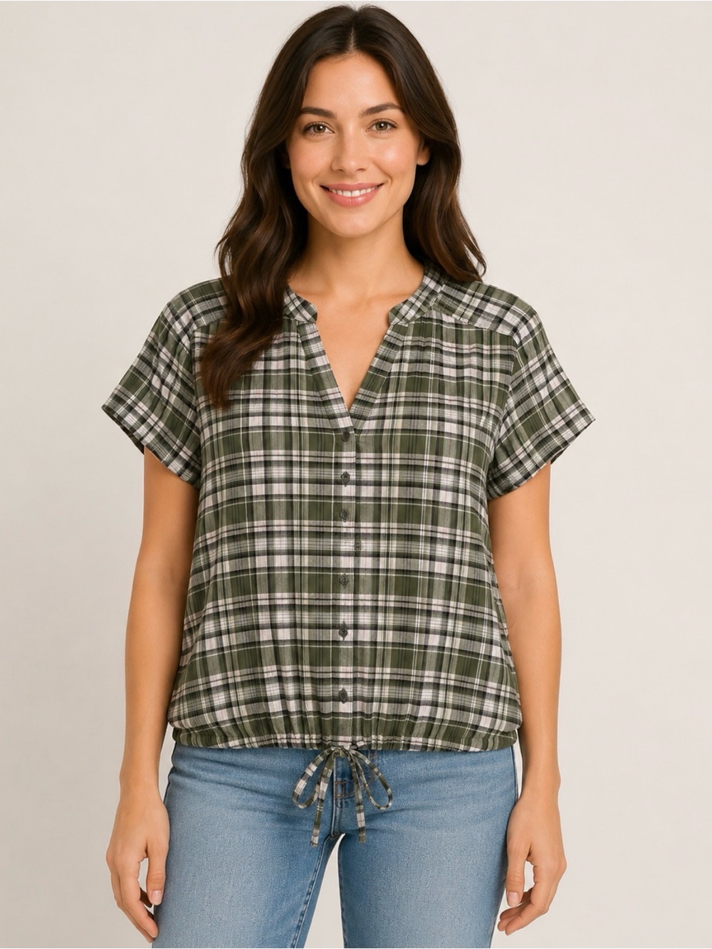 Christopher & Banks Large Green Plaid Short Sleeve Button Front Tie Hem Top